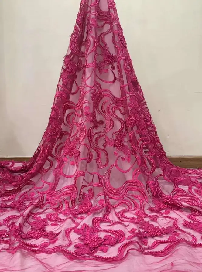 

High-end wedding dress fabric sequins beads pipe embroidery French mesh tulle Nigeria lace 52519 African lace beads dress fabric