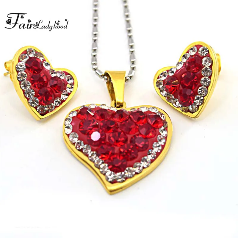 

Fairladyhood 316L Stainless Steel Love Heart Jewelry Set Wedding Gold Earrings Crystal Jewelry Set Women Necklace Set