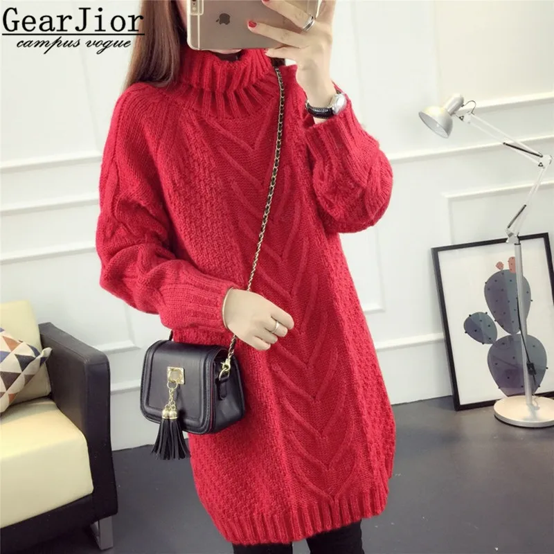 

2017 new hot sale women's autumn winter long style knit loose sweaters dress female woman turtleneck thick pullovers coats