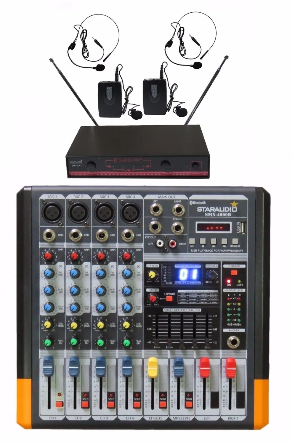

STARAUDIO 4 Channel Powered Amplifier 2000W MP3 USB SD Bluetooth 16 DSP Mixer W/ 2CH VHF Wireless Headset Mics SMX-4000B