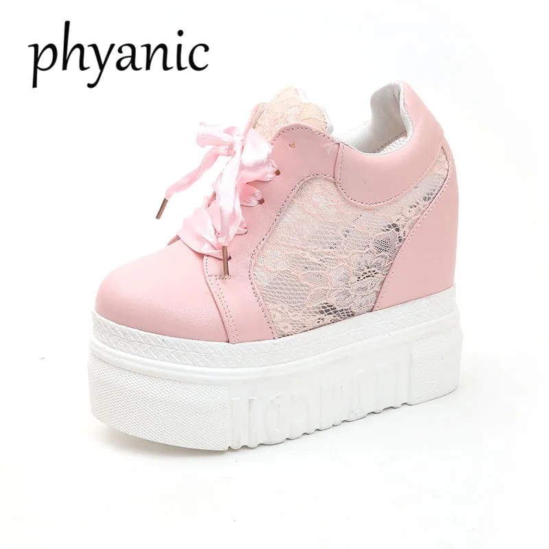 

Phyanic Women Wedge Platform Rubber Mesh Lace Up Hidden High heel 13 cm Shoes Round Toe Increasing Creepers Pink White Sneakers
