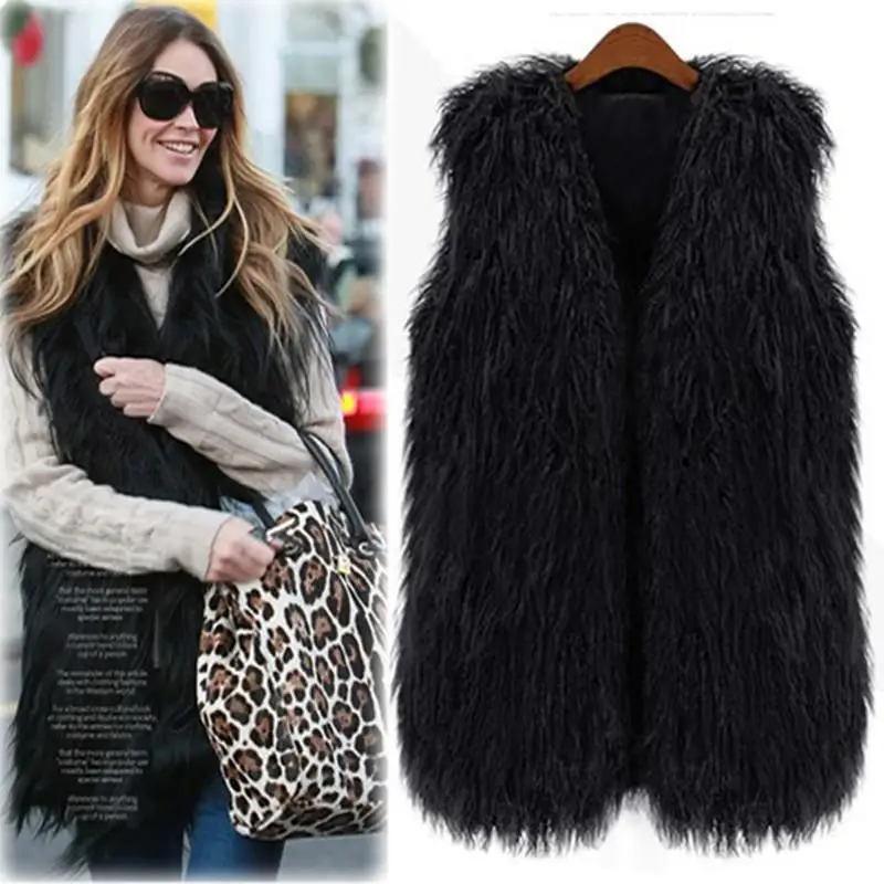 New Fashion Fluffy Hariy Warm Faux Fur Vest Coat Black Ivory Artificial