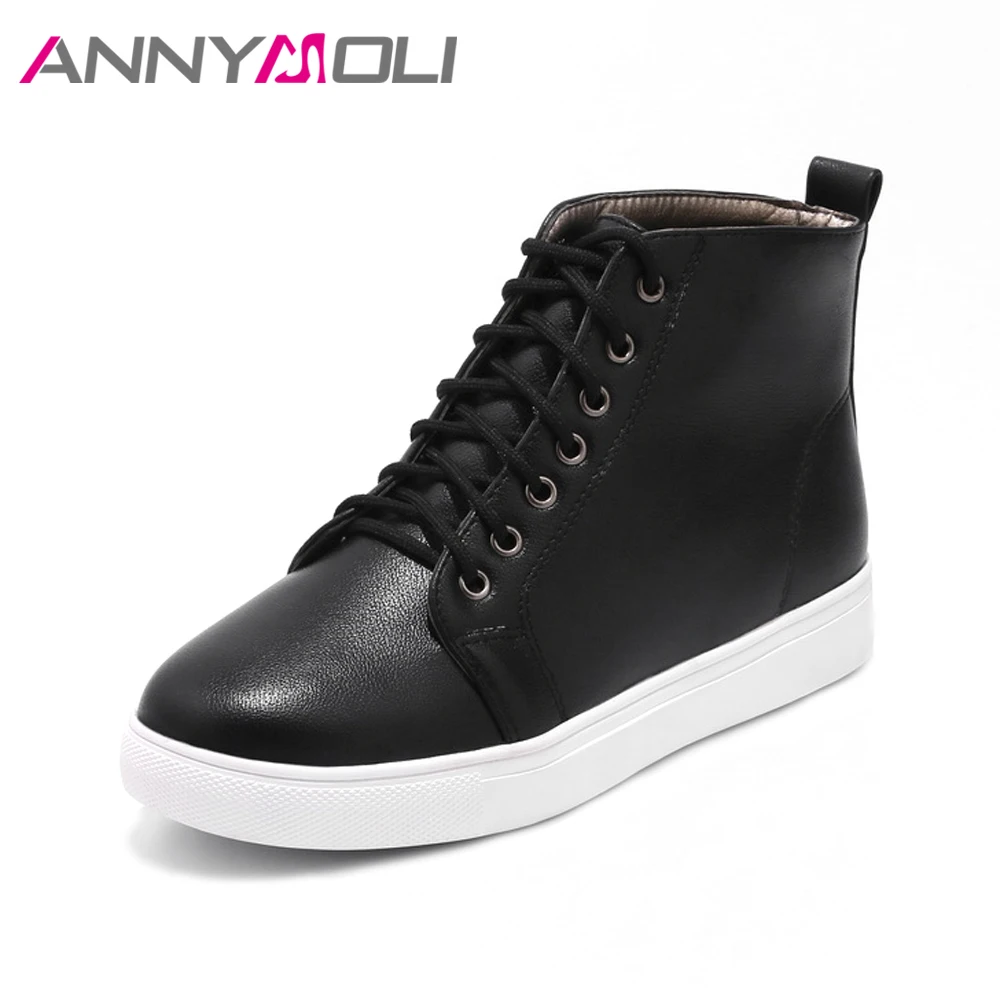 

ANNYMOLI Women Winter Fur Boots Flats Lace Up Boots Student Casual Shoes Round Toe Ankle Boots For Girls Woman Shoes 2017 Autumn