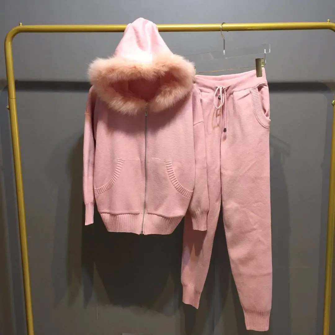 ALPHALMODA Зимние новые трикотажные костюмы куртка с капюшоном из натурального меха вязаные брюки женские модные широкие брюки Chandal Mujer спортивный костюм - Цвет: Розовый