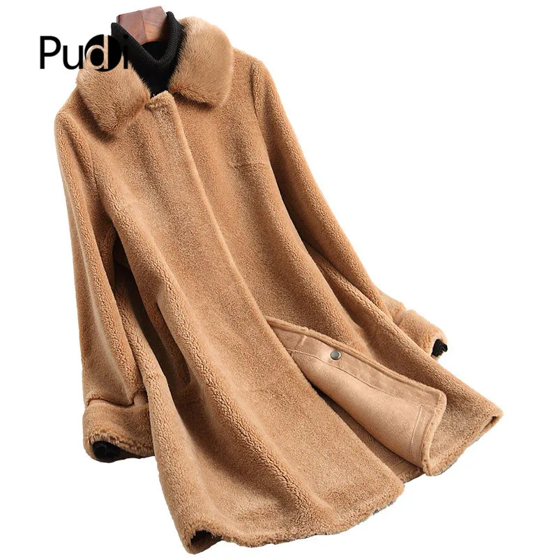 

PUDI A19006 2019 Women Fall/Winter new fashion wool jacket lady A style with real mink fur collar leisure wool coat