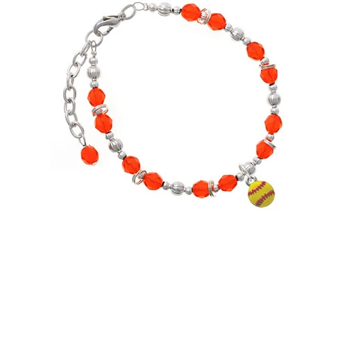 Silvertone Mini Yellow Softball - Orange Beaded Bracelet