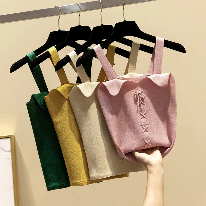 

Women Knitted Camis lace-up sexy bralette tops party tops strappy camisole spaghetti strap vest solid sexy sleeveless cami