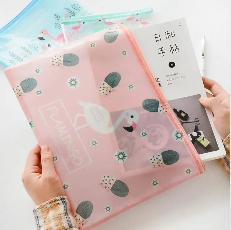 

Cute Nice Flamingo Bird Green Cactus A4 File Bag Mesh Bag Document Bag PVC File Folder Stationery Filing Production