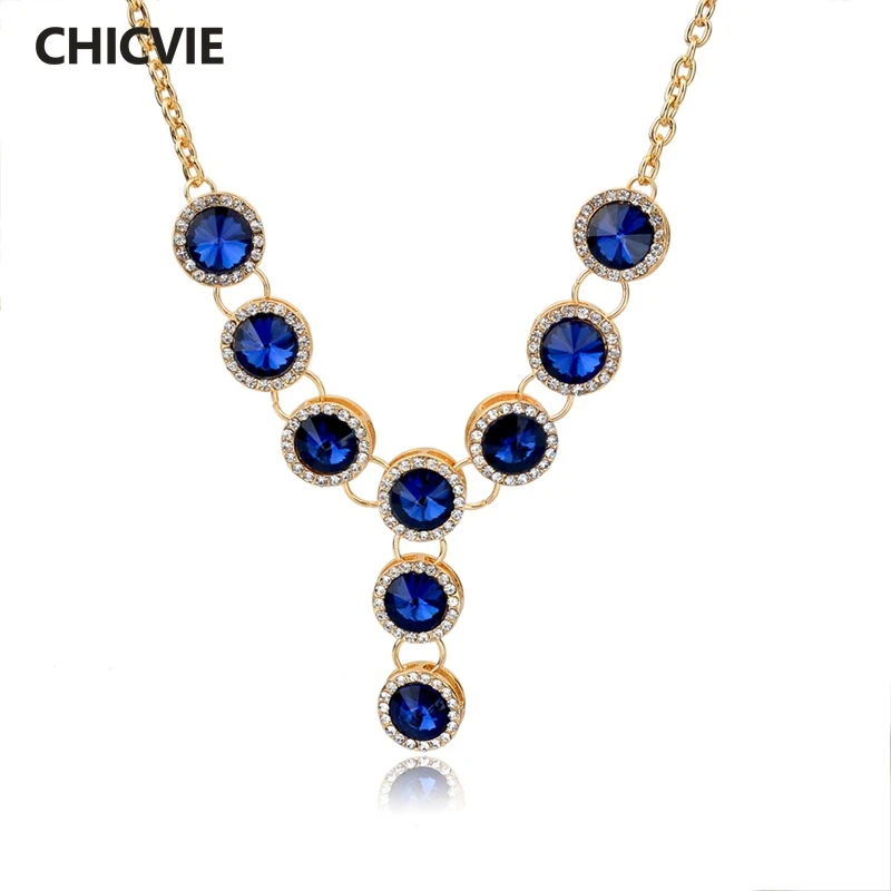 

Luxury Pendants Famous Brand Gold Chain Collar Necklace Blue Gems Rhinestone Maxi Necklaces For Women Wedding Jewelry SNE150828