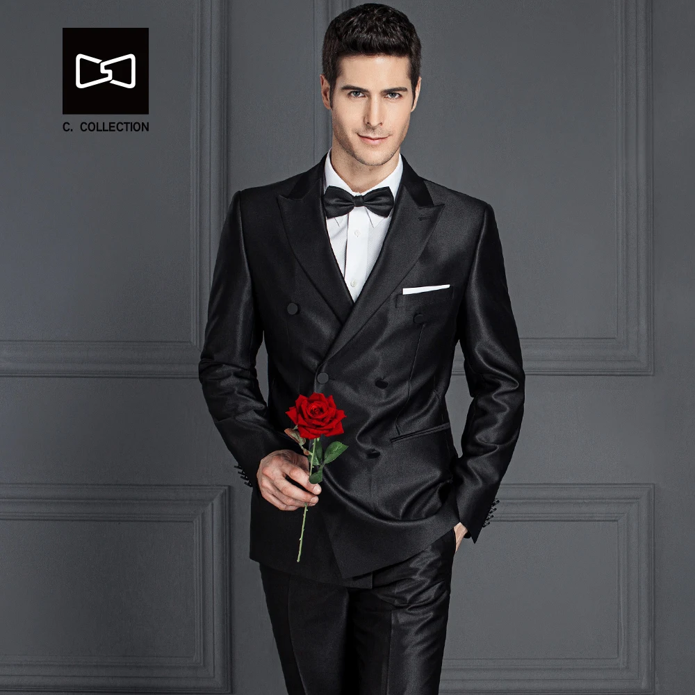 Сшитый на заказ мужской двубортный черный блестящий Костюм приталенный Свадебный костюм для мужчин смокинг 2 шт. (пиджак + брюки) No. SZ160Y8