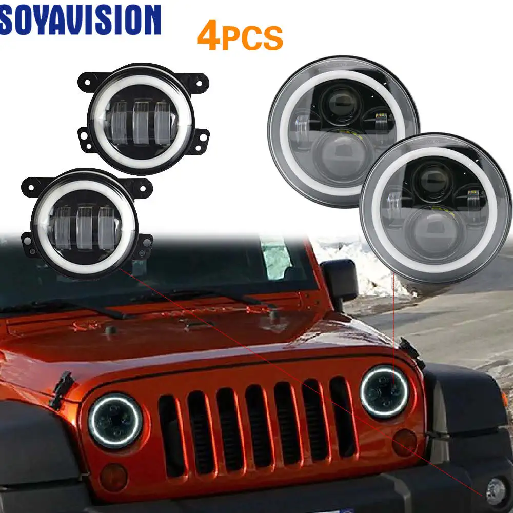 7 Inch LED Halo Headlights Turn signal + 4 Inch LED Fog Light DRL Combo