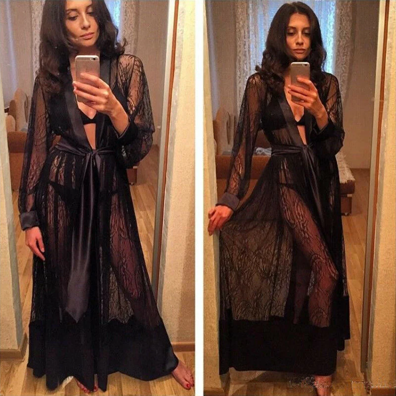 

Women Sexy Lace Lingerie Long Robe Sleepwear Mesh Sheer Kimono Dressing Gown Bath Babydoll Nightdress Ladies Summer Coatume New