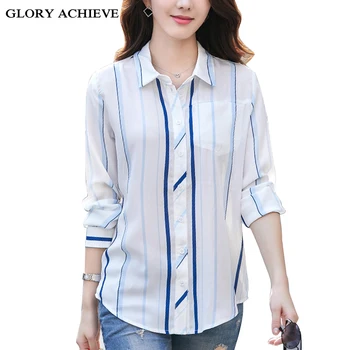 

Women Blouses 2019 Fashion Long Sleeve Turn Down Collar Vertical Stripe Chiffon Blouse Shirt Casual Plus Size Blusas Femininas