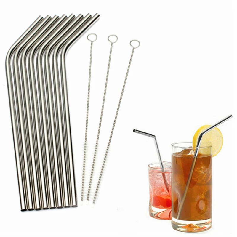 NEW 4PCS Stainless Steel Metal Drinking Straws With Cleaning Brush And