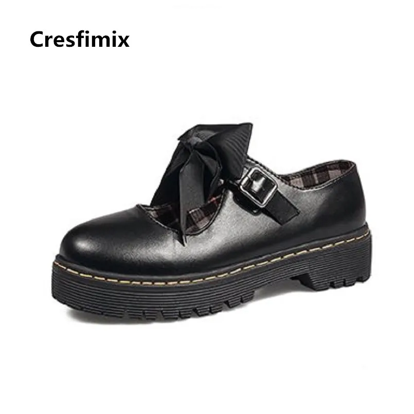 Cresfimix zapatos de mujer women fashion high quality pu leather black flat platform sheos female cute bow tie shoesb2863