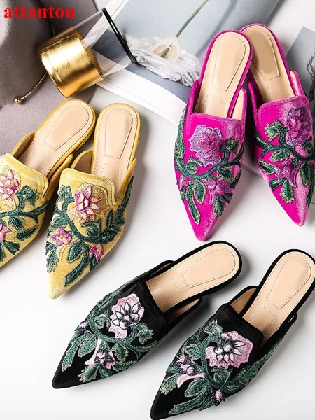 

Hot Sale Chic embroidery flower Decor women falts pointed toe slipper female casual shoes slip-on slingbacks luxury party shoes