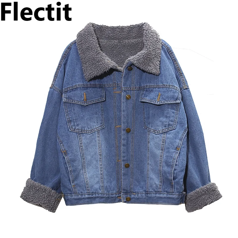 Flygo Womens Faux Fur Hooded Fleece Lined Oversized Denim Jacket Jean Outwear