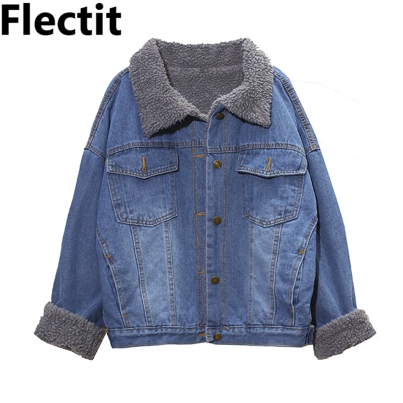 oversize faux shearling lined denim trucker jacket with removable faux fur collar