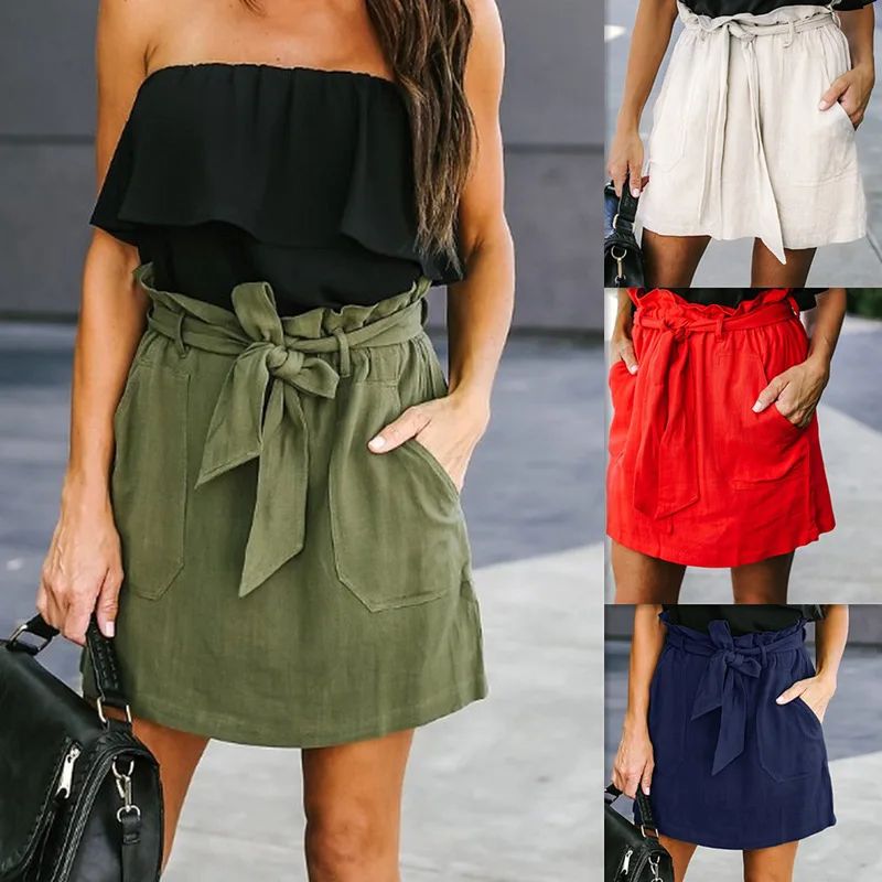 

Autumn Winter Skirts Women 2018 Casual Waist Bow Tie Ruffles Short Skirt Fashion Green Red White Sexy Slim Womens Clothing
