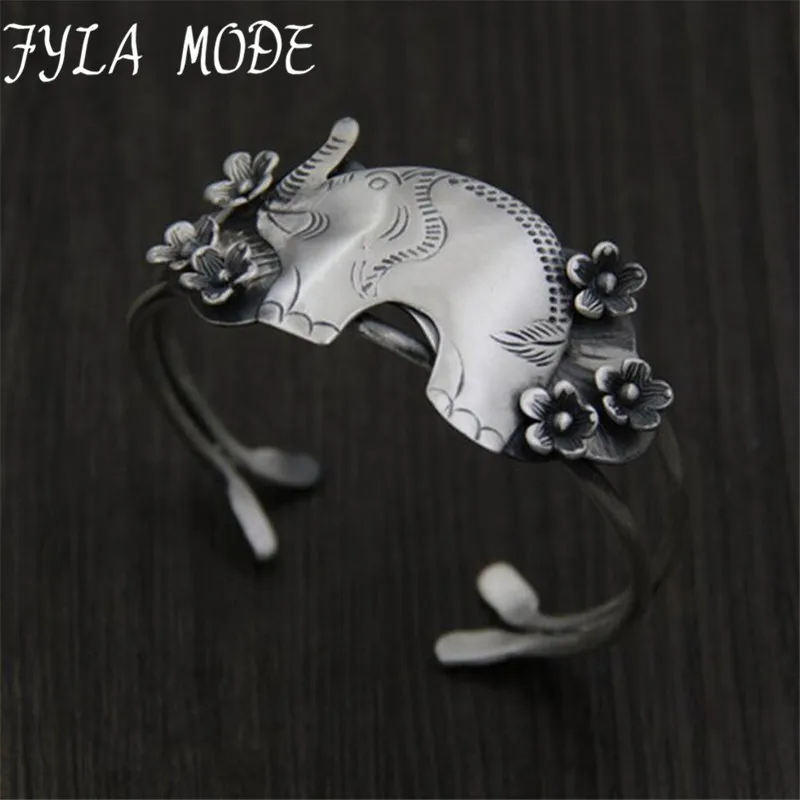 

Fyla Mode 999 Silver Fashion Flower Accessories Jewelry Elephant Carved Bracelet Bangle for Women Lovers'Gift 35mm 41G TYC107