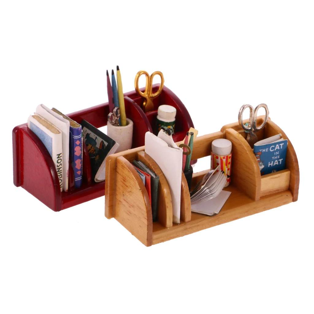 1/12 Dollhouse Miniature Furniture Book Shelf Study Table Storage Wood Color Doll House Accessory for Kids Toys Birthday Gift