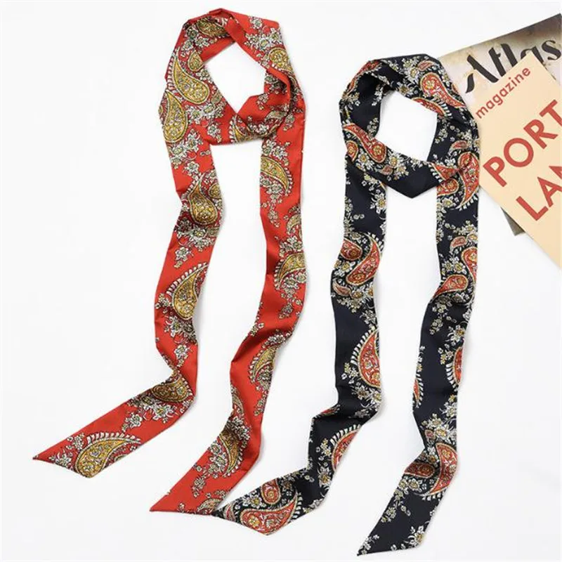 

200*5cm Long Narrow Imitation Silk Skinny Scarf Chic Print Belt Decoration Tie Bag Handle Ribbons Women Fashion Neckerchief