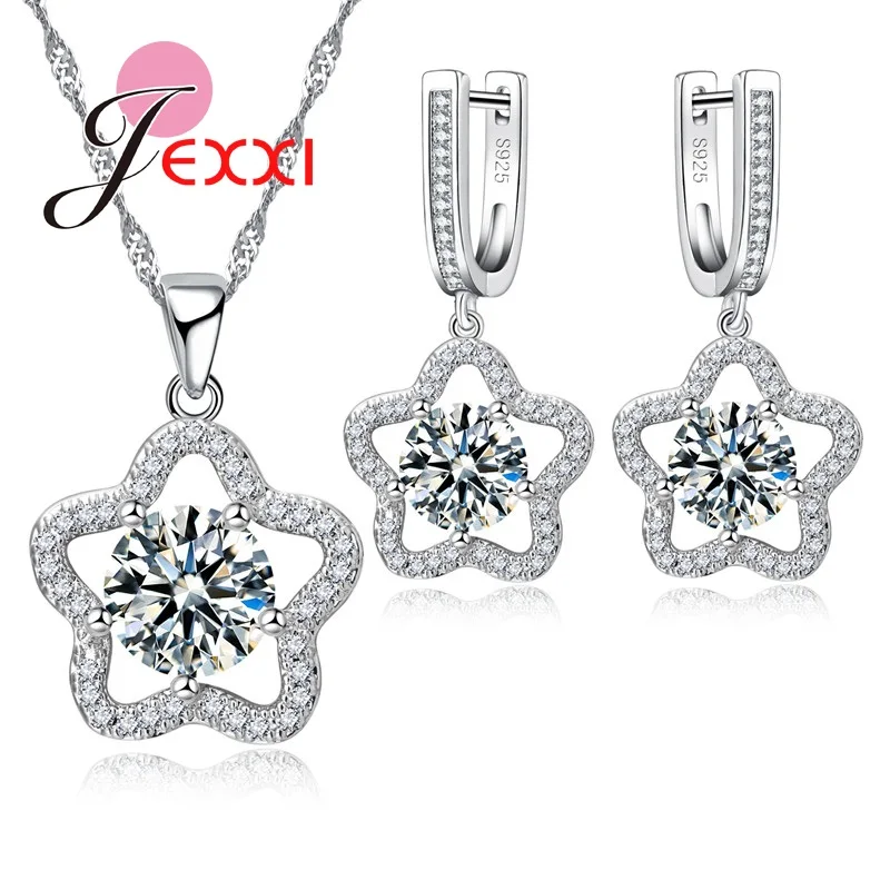 Hollow Star Design With Shining CZ Zirconia Stone Jewelry Set Silver Necklace Earrings For Women Bridal Party | Украшения и