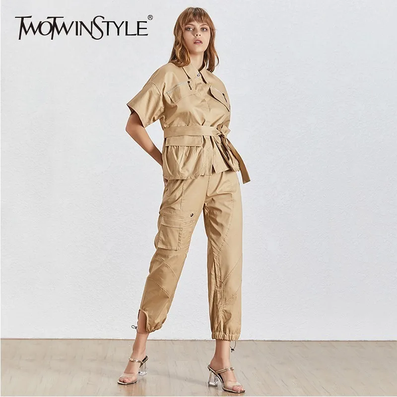 

TWOTWINSTYLE Casual Khaki Women Two Piece Set Lapel Short Sleeve Bandage Shirt High Waist Pockets Pants Female Suit Fashion 2019