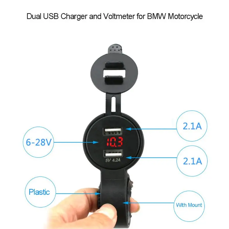 

12V 24V Dual USB 2.1A Charger With LED Voltmeter Spring Cable Power Adapter for BMW Triumph Motorcycle Hella DIN Plug