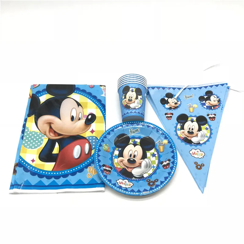 

Mickey Mouse Disposable 37Pcs Disney Cartoon Paper Cups+Plates Boy Birthday Theme Party Banners Tablecover Decoration Supply
