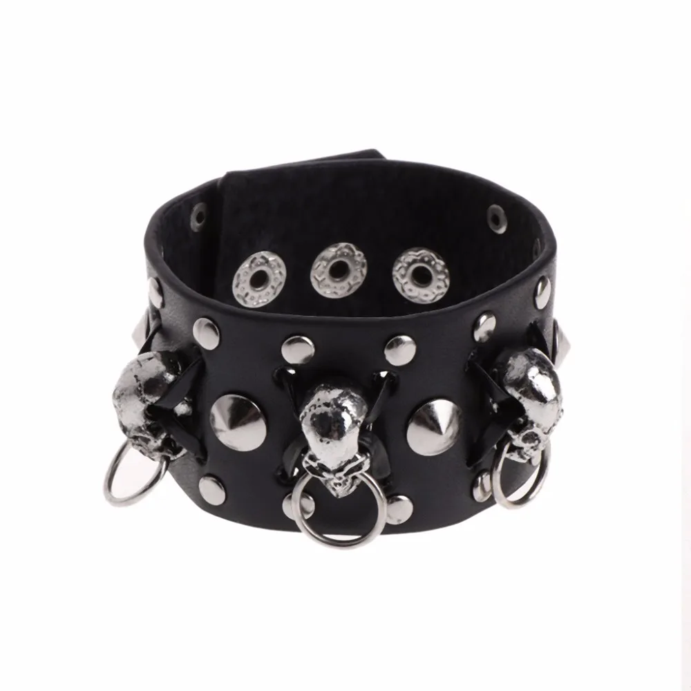 

JAVRICK 220x45mm Wide Faux Leather Skull Head Rivets Buckle Wristband Punk Bracelet Rock 7AX0311