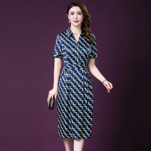 

2019 Spring Summer Fashion Short Sleeve Silk Women Dress New Style Big Code Noble Middle Aged Mother Elegant Temperament Dresses