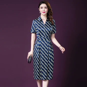 

2020 Spring Summer Fashion Short Sleeve Silk Women Dress New Style Big Code Noble Middle Aged Mother Elegant Temperament Dresses