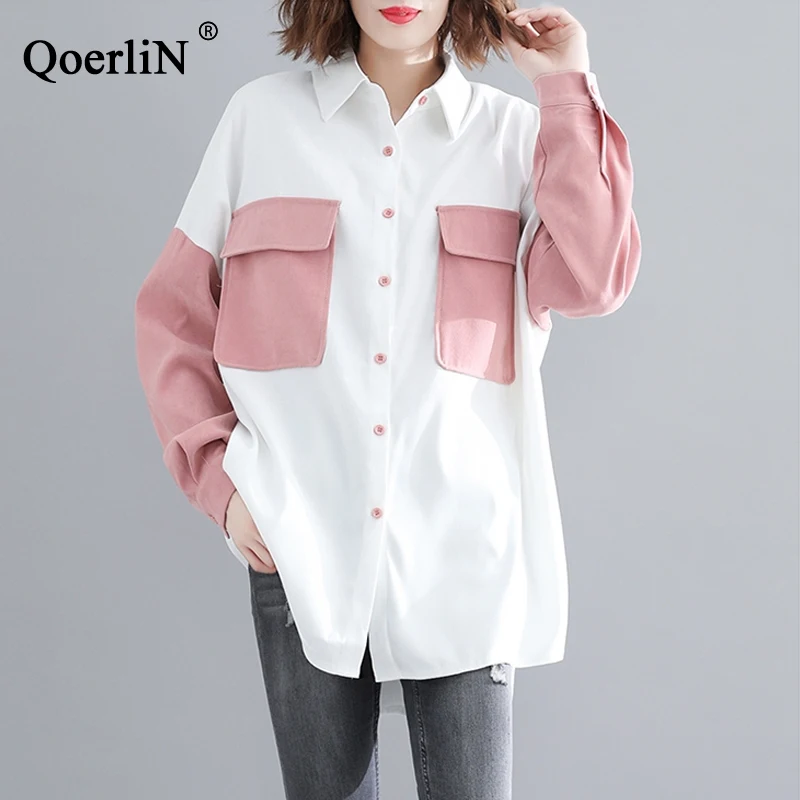 

QoerliN White and Pink Jacket Coat Single-Breast Long Sleeve Spring Fashion New Arrivals 2019 Shirts Coat Blouse Jacket Outwear