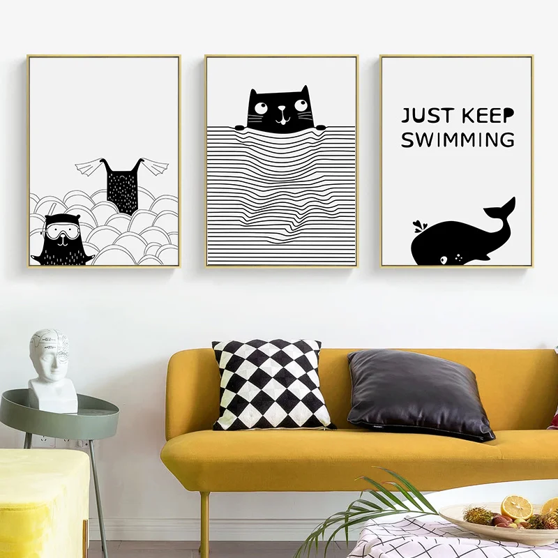 

SURELIFE Black and White Cat Fox Whale Animal Nursery Wall Prints Art Canvas Paintings Nordic Poster Pictures Kids Room Decor