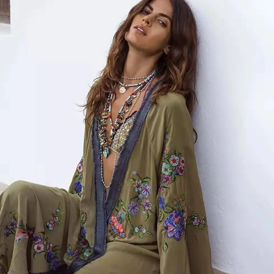 Boho Inspirado bordado кимоно кафтан frente aberta cintura Топ praia contraste camisa longa blusa платье Летнее пляжное платье