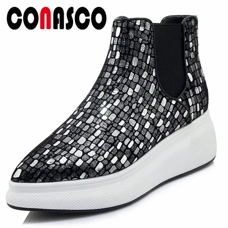 

CONASCO Fashion Brand Genuine Leather Ankle Boots Pointed Toe Flats Platforms Slip On Autumn Martin Shoes Woman New Casual Shoes