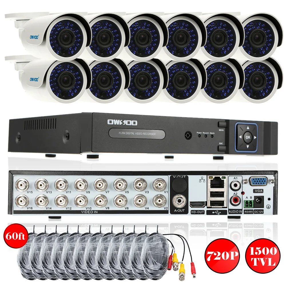 OWSOO Full 720 P 16CH AHD DVR 12 шт. 1500TVL система безопасности камеры 720 P инфракрасная камера системы безопасности наружное ONVIF устройство цифровой видеозаписи рекордер евро шток