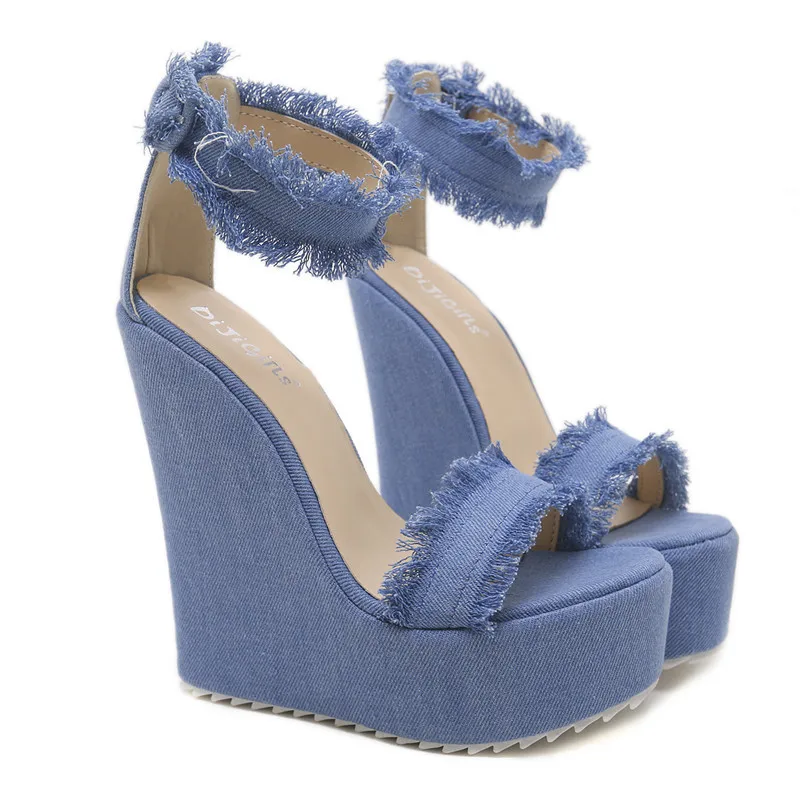 2019 Women Summer 15cm Super Wedge Heels Comfortable Heels Chunky Sandals Fashion Open-Toe Dress Runway Blue Wedges Lolita Shoes