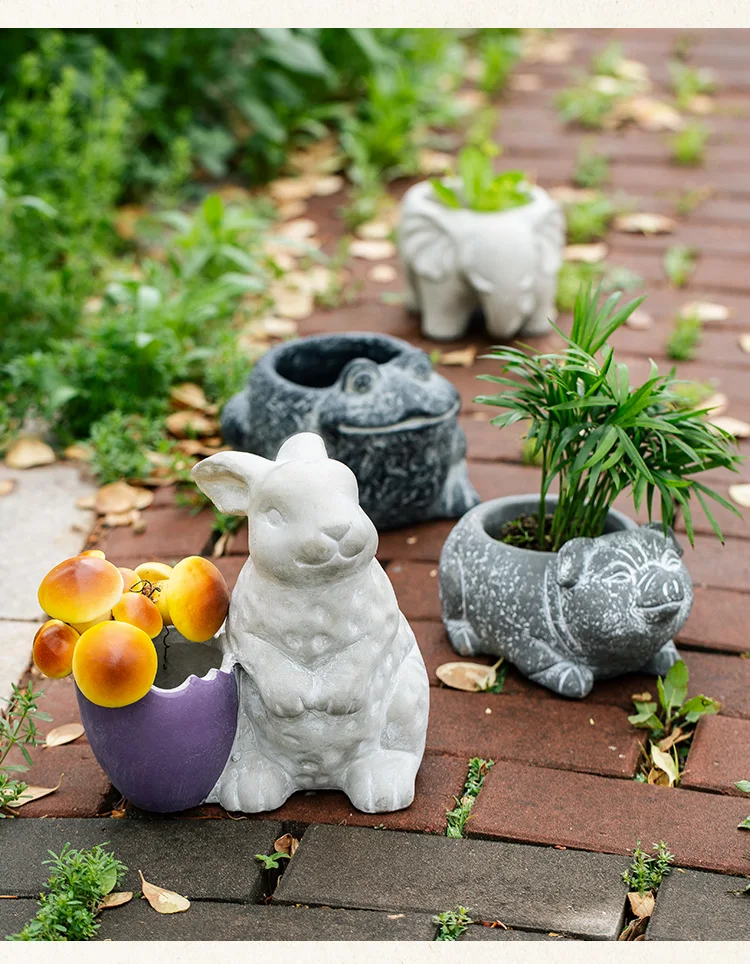 Creative Concrete Pig Fish Cat Rabbit Sculpture Statue Succulent Plant Container Green Planters Small Bonsai Pots Home Decor