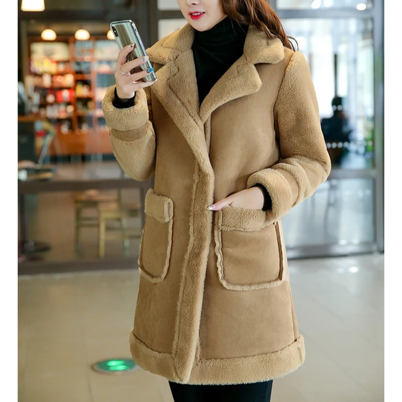 

2019 winter lady new lamb fur coat Single row two buckles female Cashmere coat loose long coat thickened deer suede cotton coat
