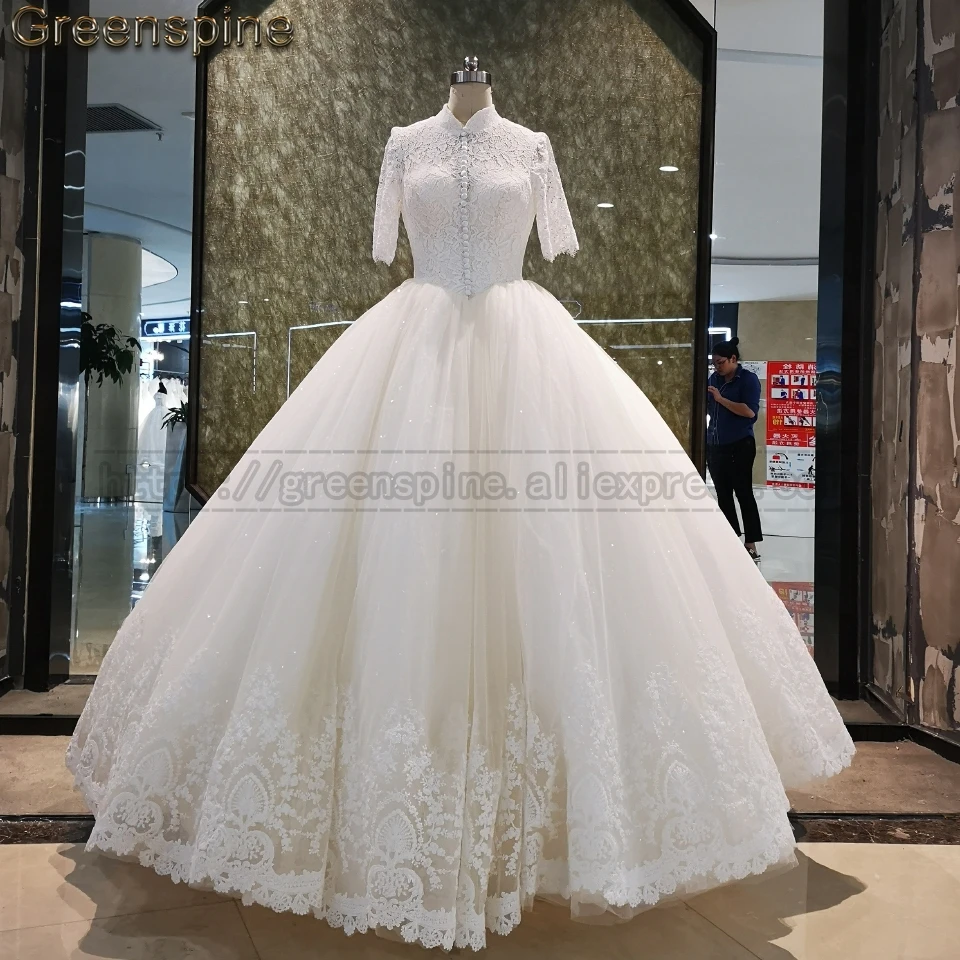 Greenspine African Tulle Wedding Dresses Lace Bridal Gowns Half Sleeve Brautkleider Hochzeitskleid Wedding Dress Plus Size