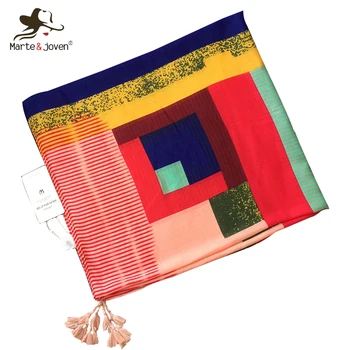 

Marte&Joven Colorful Patchwork Spring Cotton Muslim Hijab Scarf Shawls for Women Fashion Geometric Printing Long Stole Scarves
