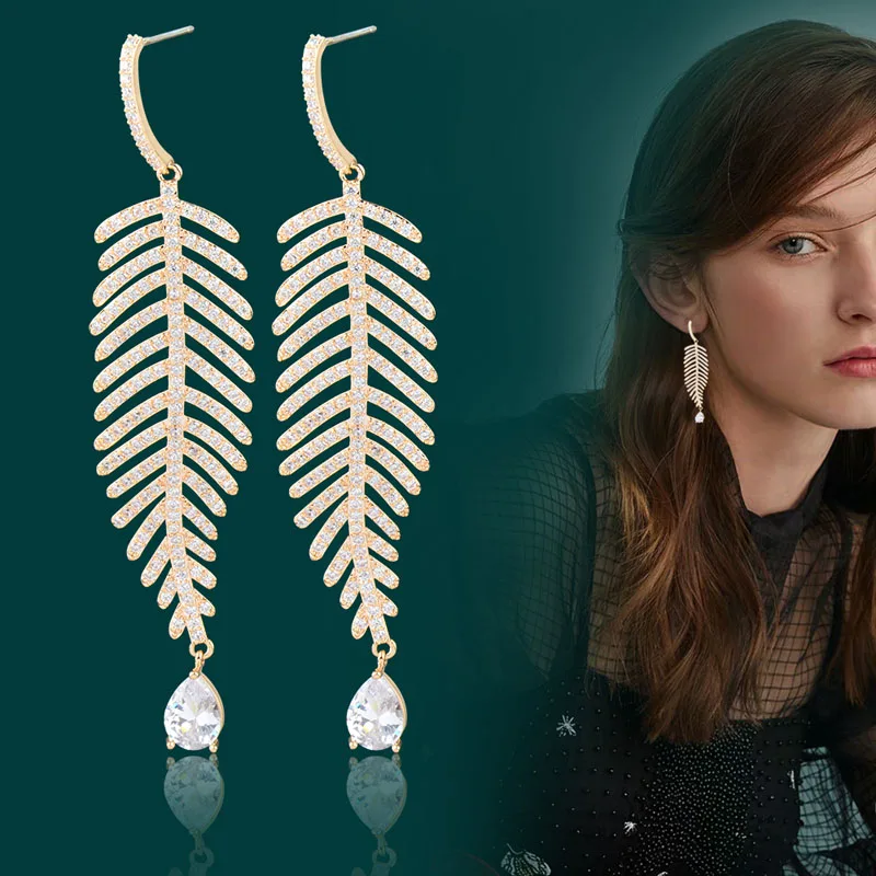 

SINLEERY Gorgeous Cubic Zirconia Leaf Earrings Dazzling Crystal Long Earring Luxury Wedding Jewelry CZ062 SSH