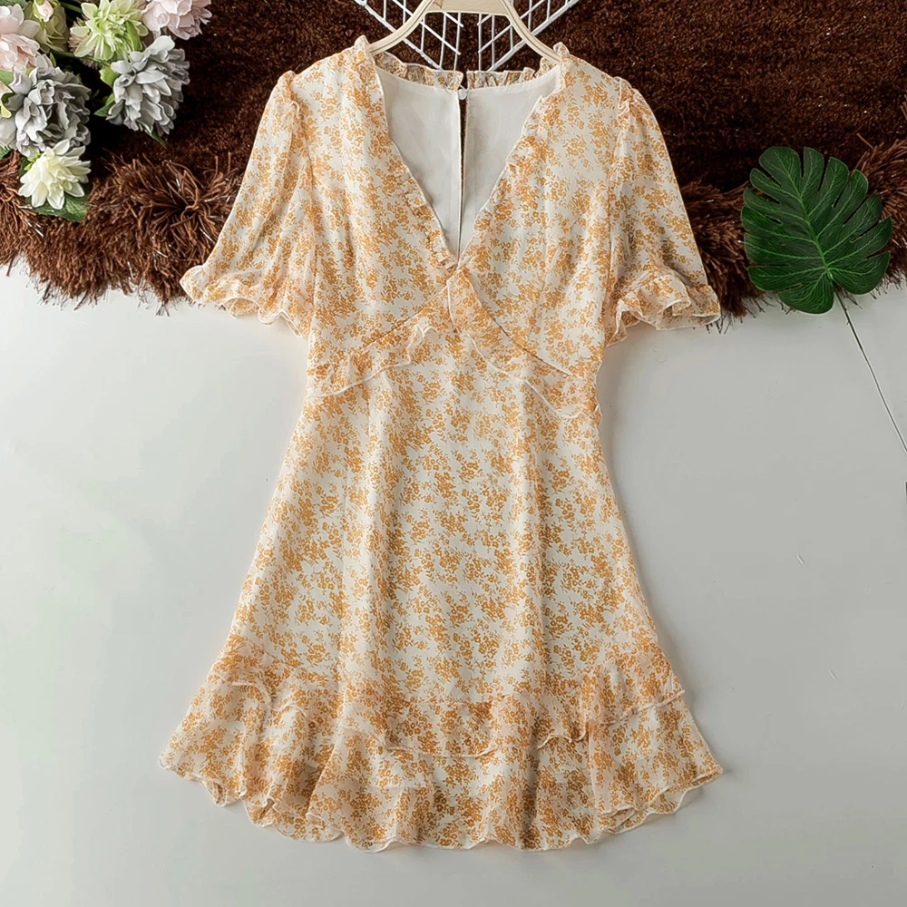 

Yellow Flower Print V Neck Chiffon Dress Women Short Sleeve Back Hollow Out Sexy Knee Length Dresses Elegant Ruffle Woman Dress