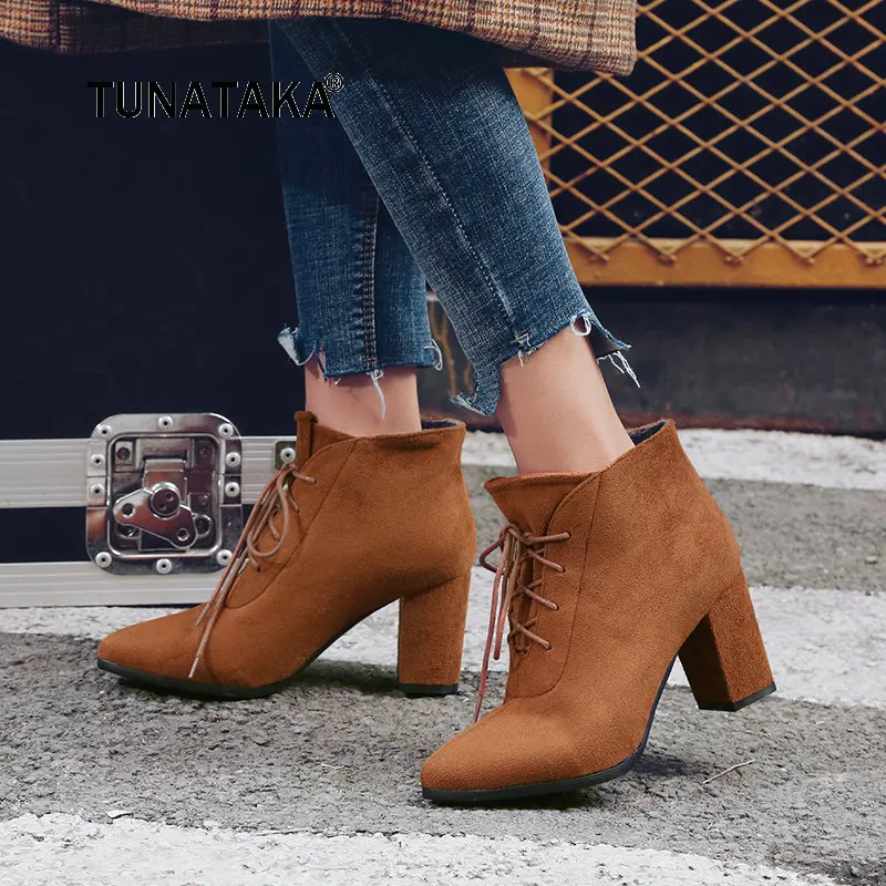 

New Winter Faux Suede Lacu Up Thick High Heel Ankle Boots Fashion Pointed Toe Winter Flock Shoes Black Brown