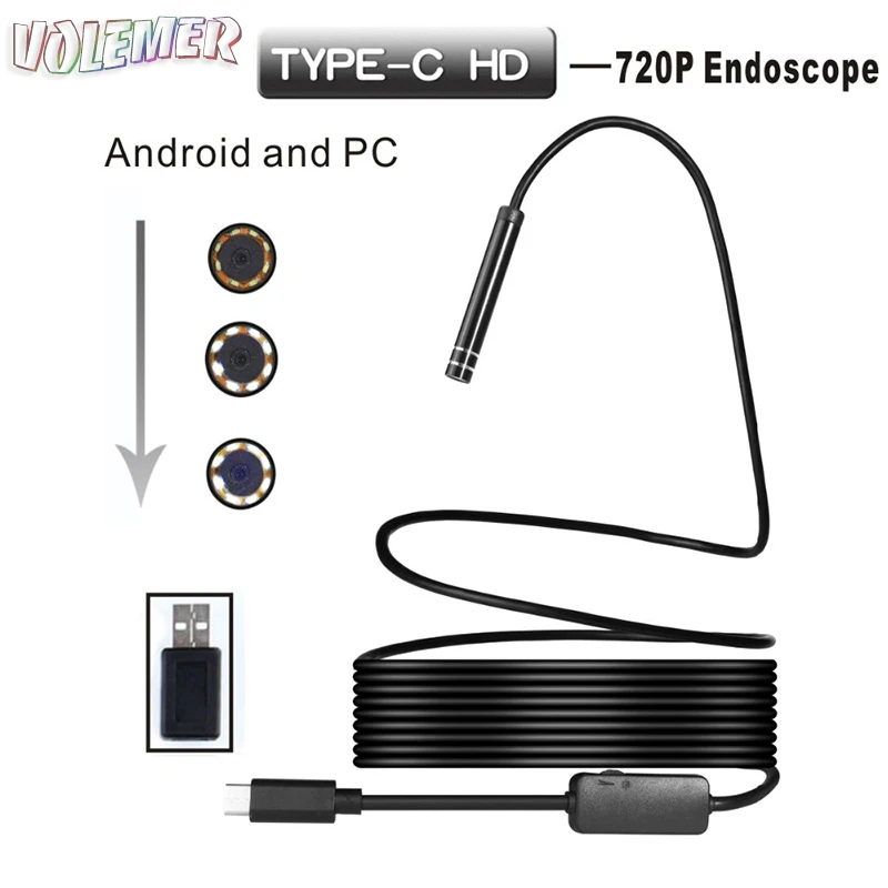 

Volemer 7.0mm Endoscope Car Pipe Inspection 6 LED Snake Tube IP67 Waterproof Mini Camera type-C port Semi Rigid Borescope