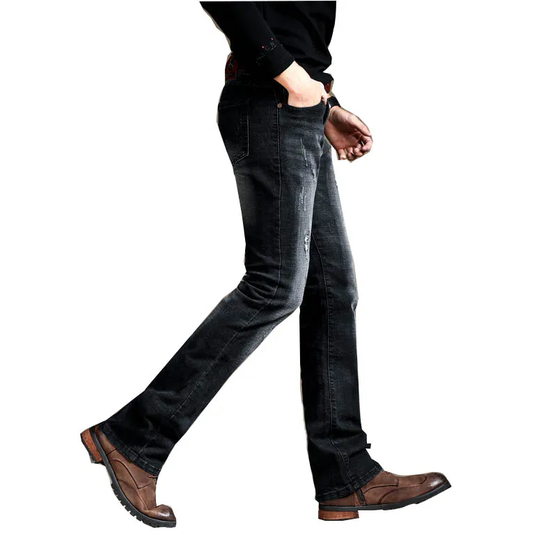 

Men's Slim Boot Cut Semi-flared Jeans Ripped Business Casual Jeans Male Mid Waist Elastic Four Seasons Black Bell Bottom Jeans