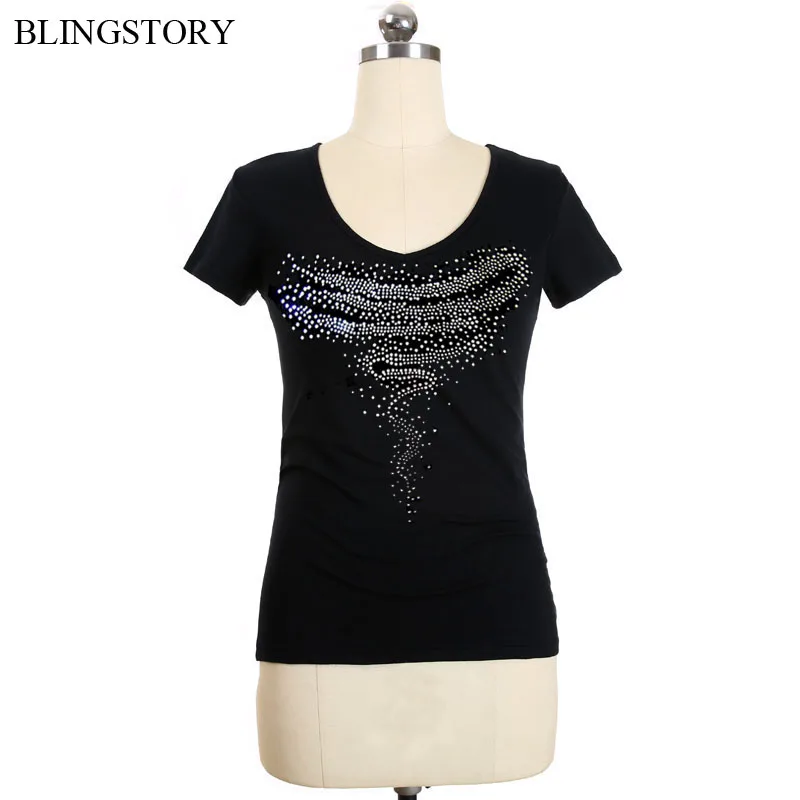 

High Quality Bead Diamond V-neck T Shirt Femme Plus Size Graphic Tees Women Cotton Short Sleeve Casual Tops LP5209004