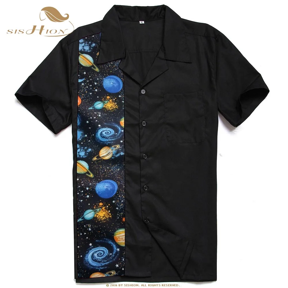 SISHION Short Sleeve Men Shirt ST110 Space Pattern Retro Men Black Shirts camisa hombre Button Up Bowling Shirt